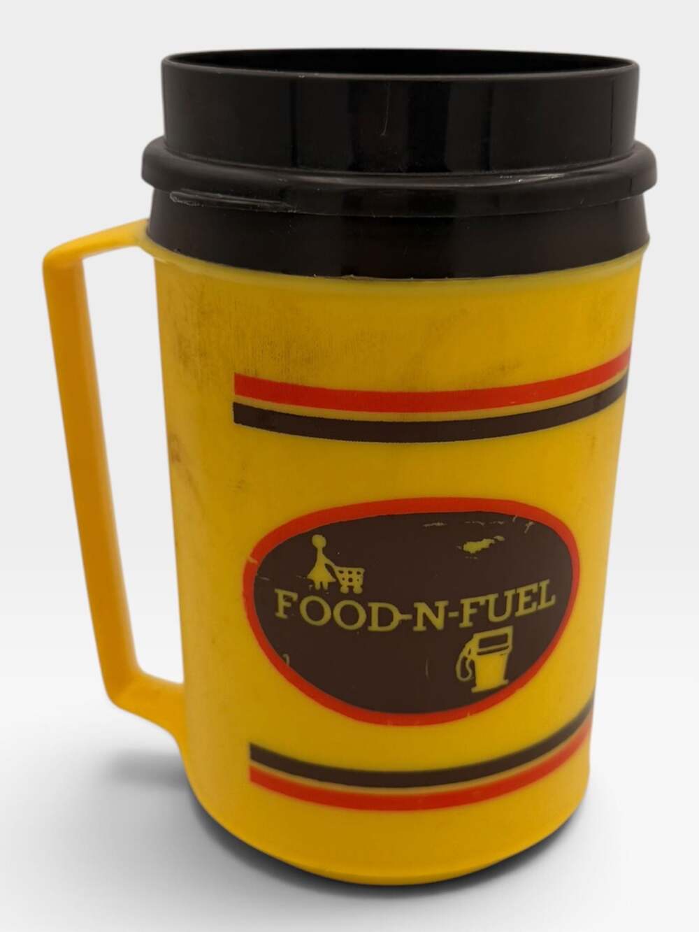 Vintage Aladdin Food-N-Fuel Yellow Plastic Insulated Travel Mug Coffee Cup